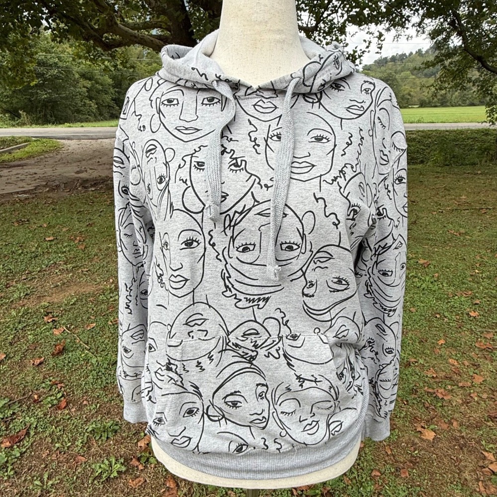 Maya Angelou Faces Line Art Hoodie Gray Fleece Sweatshirt XXL Heather Grey